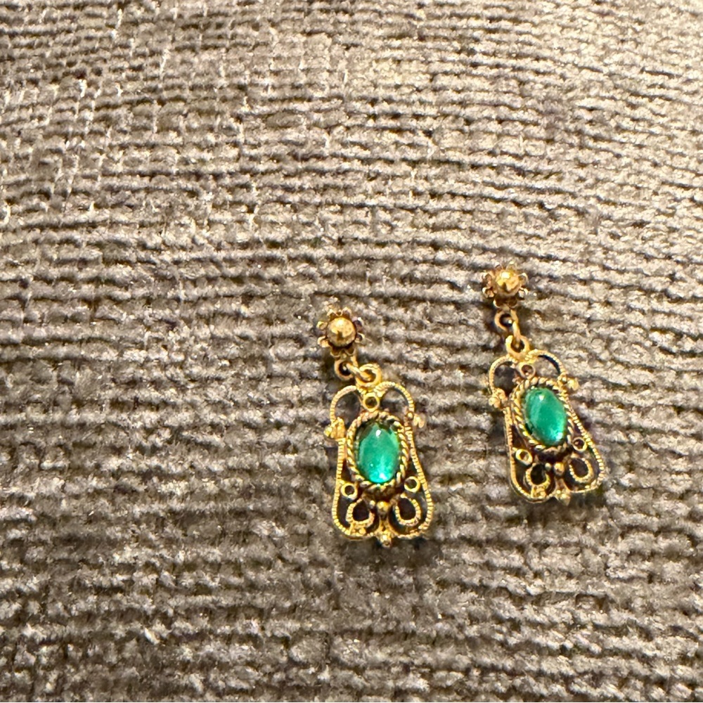 Miniature Angel Gold and Green Stone Earrings